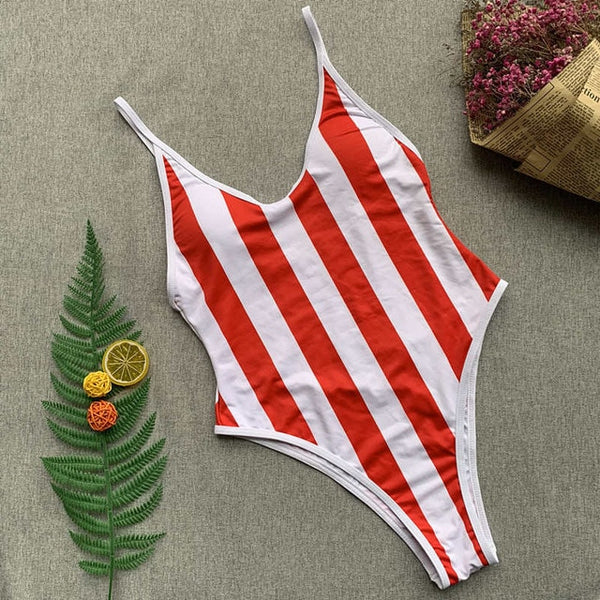High Leg Stripe Monokini One Piece Suit