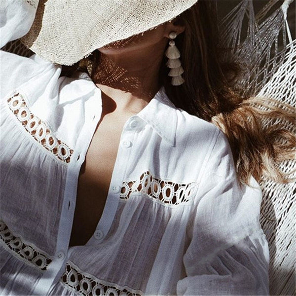 White Crochet Trim Cover Up- One Size