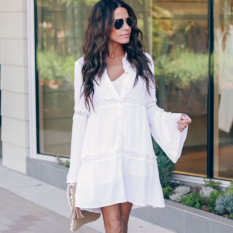 Leisure Flare Sleeve Crochet Cover Up Blouse One Size