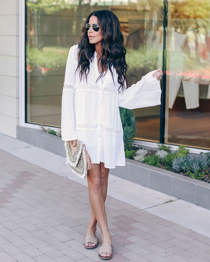 Leisure Flare Sleeve Crochet Cover Up Blouse One Size