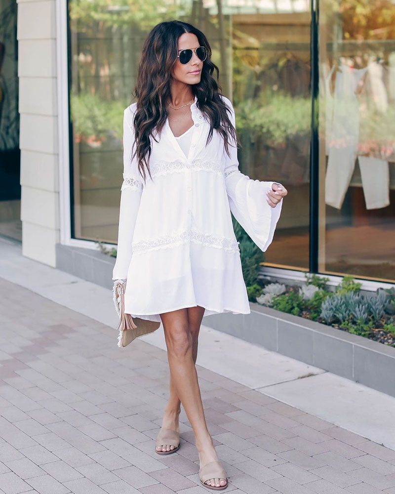 Leisure Flare Sleeve Crochet Cover Up Blouse One Size