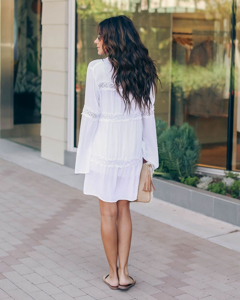 Leisure Flare Sleeve Crochet Cover Up Blouse One Size