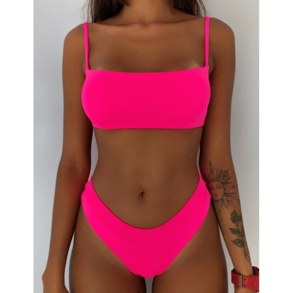 Solid Bandeau Bralette Strap Bikini-Two Piece Set