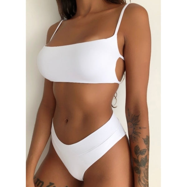 Solid Bandeau Bralette Strap Bikini-Two Piece Set