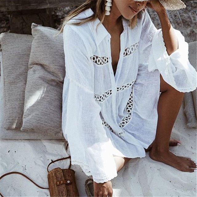 White Crochet Trim Cover Up- One Size