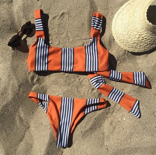 Micro Stripe Bow Tie Top Bikini Set