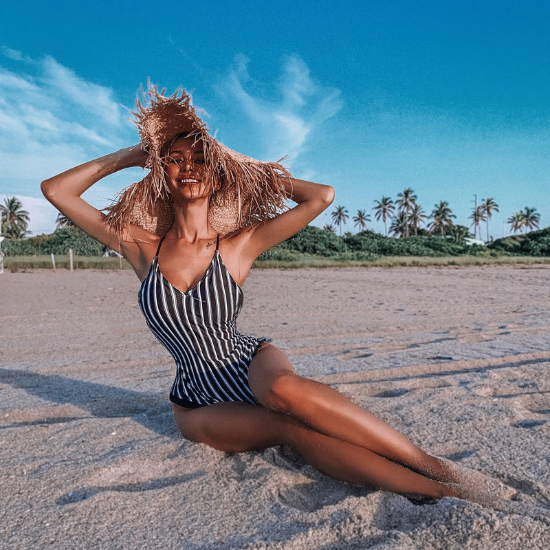 High Leg Vertical Striped Bandeau One Piece Swimsuit